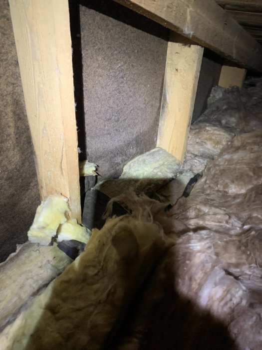 Mögel på vinden i ett hörn med synlig fukt bakom isolering, möjligt vatteninträngning.