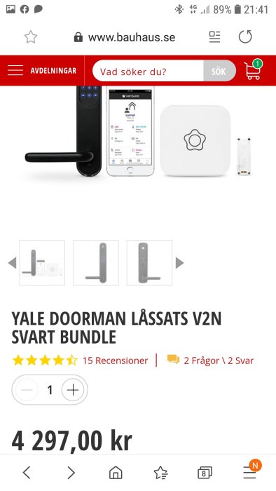 Skärmdump av Yale Doorman låssats V2N produkt från webbsida med priset 4 297 kronor och betyg.