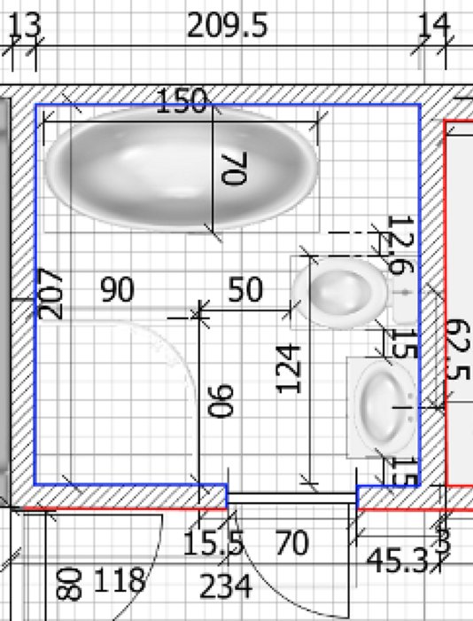 Ritning av badrumsplan med mått och placering av badkar, toalett och tvättställ.