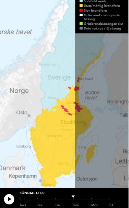 Karta över Sverige som visar gräsbrandsrisk med områden markerade i gult och rött för olika risknivåer.