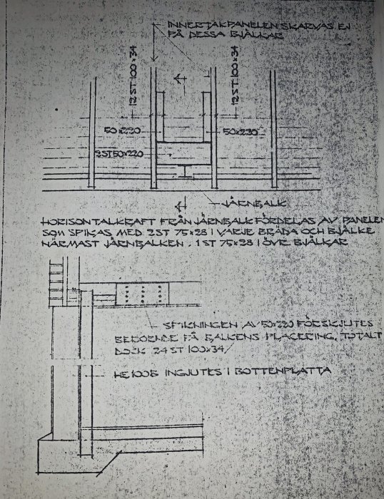 Teknisk ritning som visar detaljer av en byggkonstruktion med mått och anvisningar för innerstomme och takpaneler.