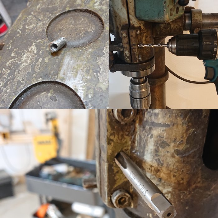 Kollage av fyra bilder visar reparation av verktyg, inklusive en utbyterasig bult och borrning i en metallkomponent.