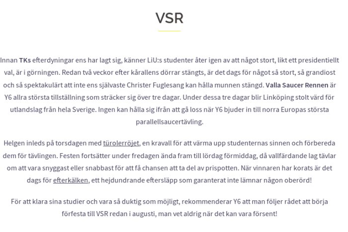 Skärmdump av en text som förklarar akronymen VSR relaterad till ett evenemang med studenter och tävlingar.