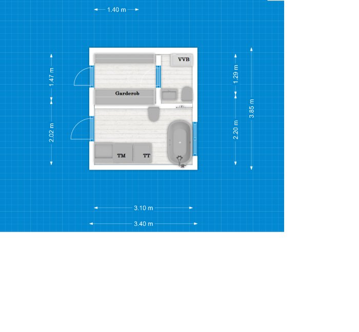 Enkel 2D-skiss av badrumsdesign med mått, innehållande badkar, tvättmaskin, toalett och garderob.