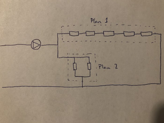Handritad skiss av värmesystem med ettrörssystem på plan 1 och tvårörssystem på plan 2 anslutna till en cirkulationspump.