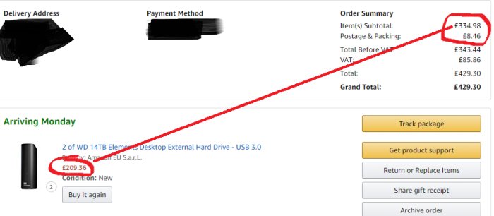Faktura för två externa hårddiskar med fokus på priset som ökat från 200 till 209,36 pund var, plus fraktkostnader.