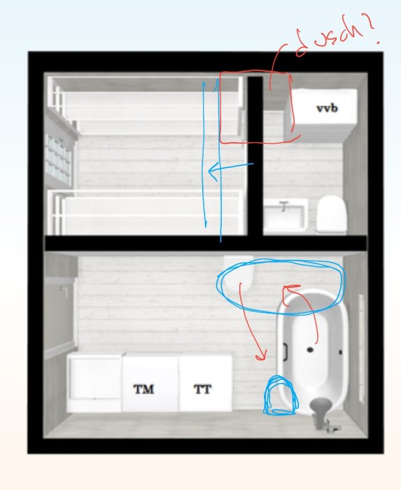 Skiss av ett badrum med tvättmaskin, torktumlare, och noteringar som föreslår placering av två duschar istället för ett badkar.