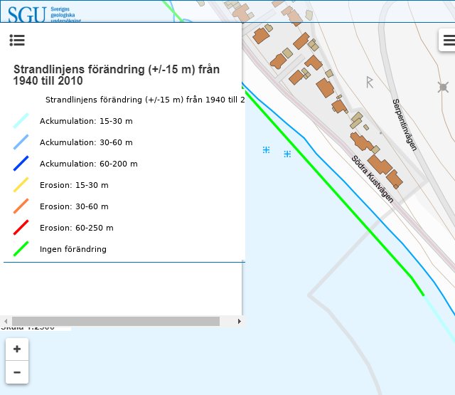 Kartutsnitt visar förändring av strandlinje med olika färgkoder för ackumulation och erosion.