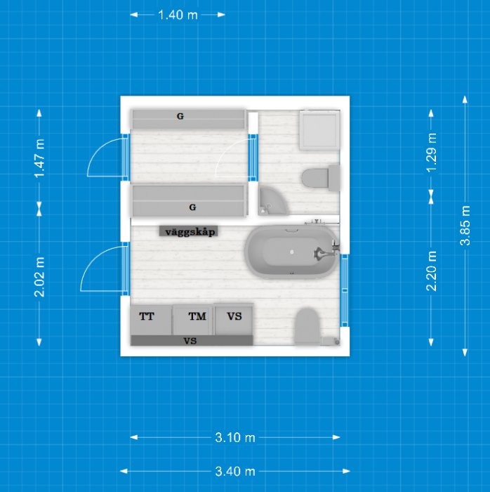 Ritning av ett badrum med dimensioner, inkluderar badkar, dusch, toalett och handfat med förvaringsskåp.