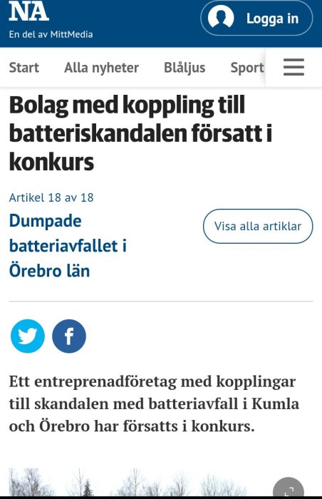 Skärmdump från nyhetsartikel om JS Bygg & Fastigheter och deras koppling till batteriskandal och konkurs.