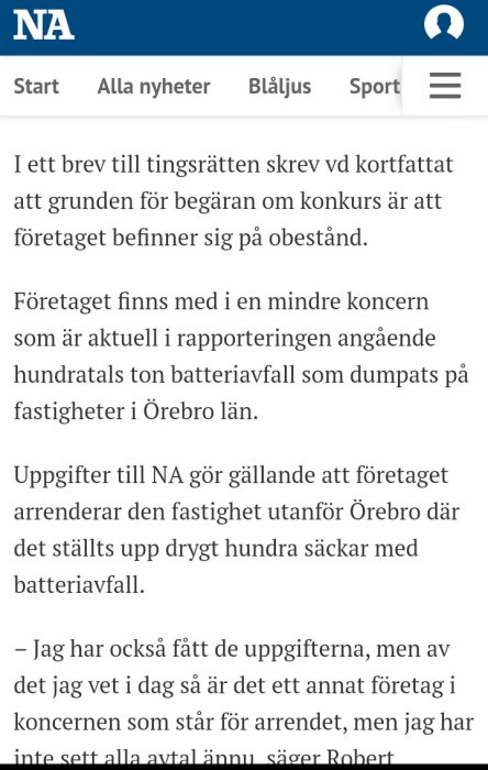 Skärmdump av nyhetsartikel om konkurs och skandal med batteriavfall involverande JS Bygg & Fastigheter.