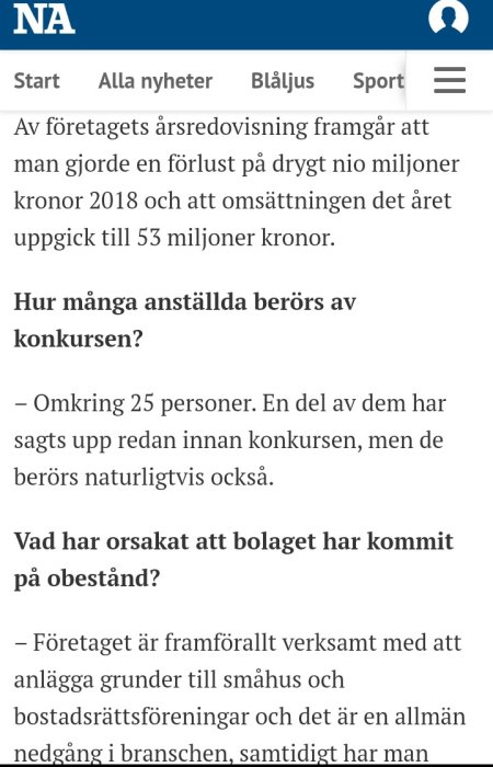 Skärmdump av nyhetsartikel om konkursen hos JS Bygg & Fastigheter och förlustsiffror.