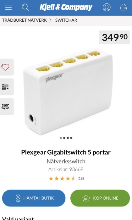 Vit Plexgear Gigabitswitch med 5 portar för nätverksinstallation, visas på en produktinformationssida.