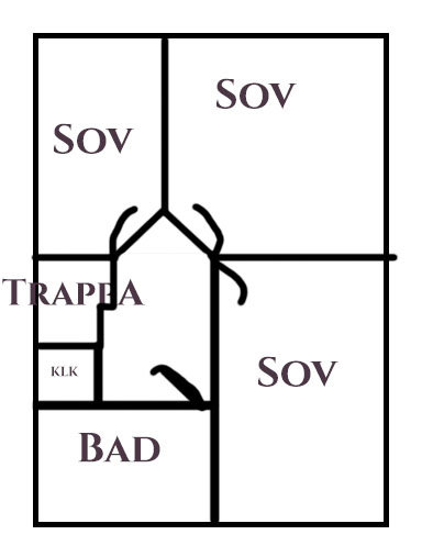 Skiss av en övervåningsplanlösning med två sovrum, badrum, klädkammare och trappa.