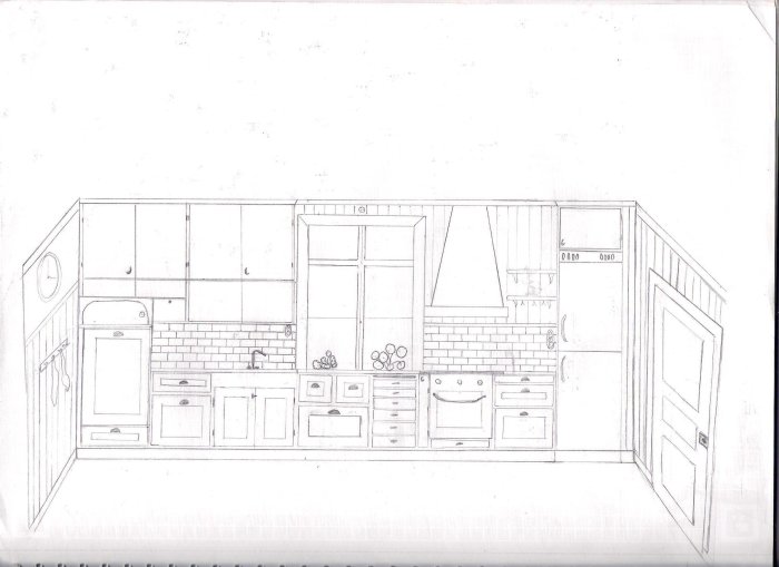Ritning av kök med platsbyggda skåp, diskmaskin, spis och överskåp i funkisstil.