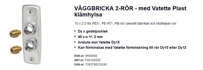 Väggbricka för 2-rör med klämhylsa från Vatette, inkluderar tekniska specifikationer och artikelnummer.