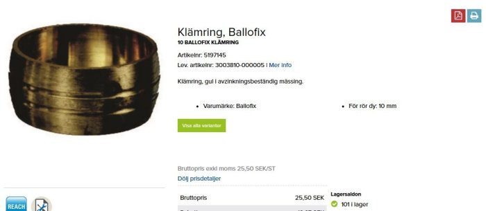 Klämring av mässing för rör 10 mm från Ballifix med artikelnummer, pris och lagersaldo 101 enheter.