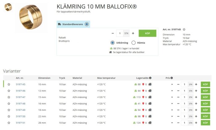 Skärmdump av Ahlsell produktlista för KLÄMRING 10 MM BALLOFIX med lagersaldo och prisinformation.