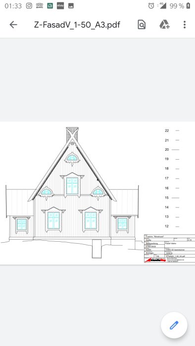 Ritning av en husfasad med dekorerade fönster och takdetaljer, benämnt "FasadV_1-50_A3.pdf" på en mobilskärm.