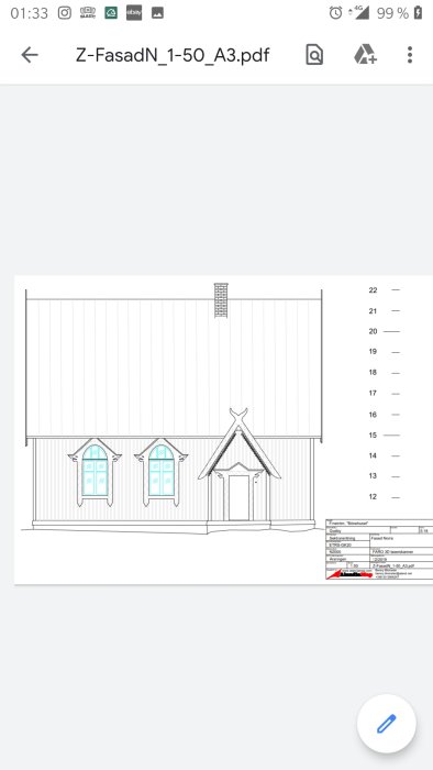 Ritning av en husfasad med markerade fönster och dörr, detaljer i arkitektonisk stil.