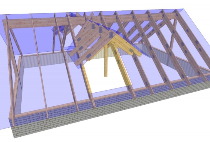 3D-ritning av stommen för en övervåning under konstruktion med träreglar och takstolar.