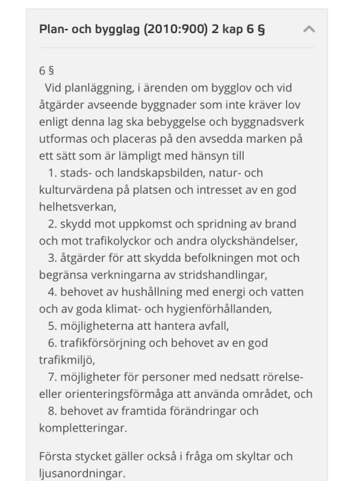 Textutdrag från Plan- och bygglagen visande 2 kapitel 6 paragraf om kriterier för planläggning och byggande.