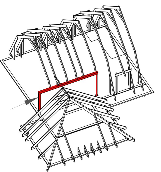 3D CAD-ritning av en träbjälklagskonstruktion med framhävda detaljer i rött.