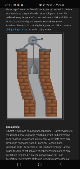 Diagram som illustrerar en murad skorsten med glidgjutningsmassa nära en nockbalk, där skorstenen anpassas runt balken.