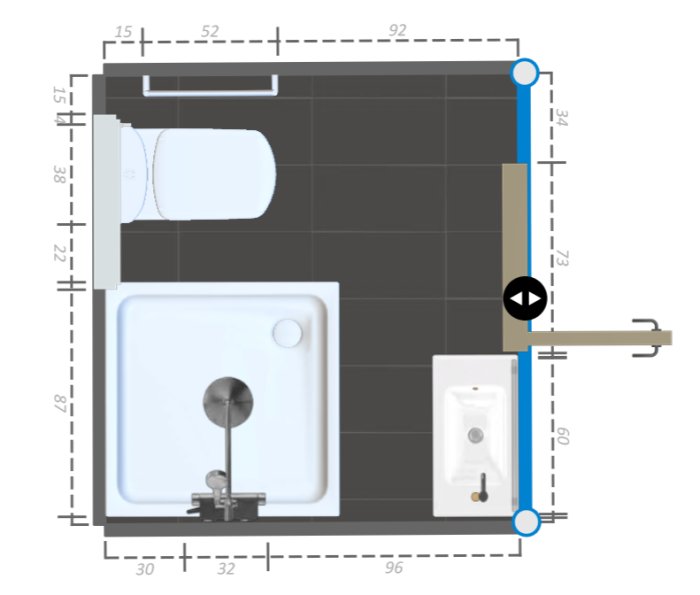 Översiktsplan för ett litet badrum som visar placering av toalett, dusch och handfat med måttangivelser.