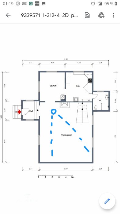 Planritning av ett hus med markerad position med blå cirkel och streckad fotolinje.