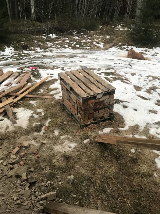 Stapel av 900 stenar upplagda på en pall med snötäckta mark i bakgrunden.