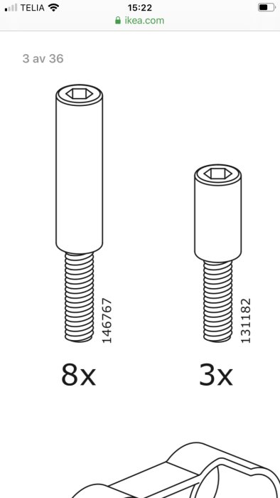 Två olika skruvar från IKEA med artikelnummer, den vänstra i större antal än den högra.