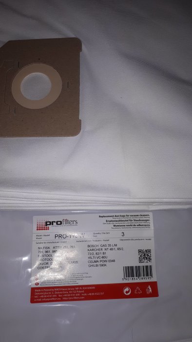 Förpackning med dammsugarpåsar av märket Pro-filters, kompatibla med flera modeller, framför en vit bakgrund.
