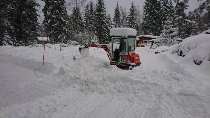 Röd Kubota minigrävare som använts för snöröjning på en uppfart med snöklädda träd i bakgrunden.