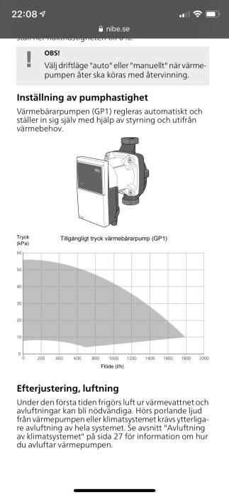 Skärmdump av en värmepumpshandbok med instruktioner för inställning av pumphastighet och diagram över flöde vs tryck.