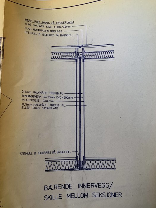 Teknisk ritning av en bärande innervägg i ett Moelven modulhus från 1970-talet.