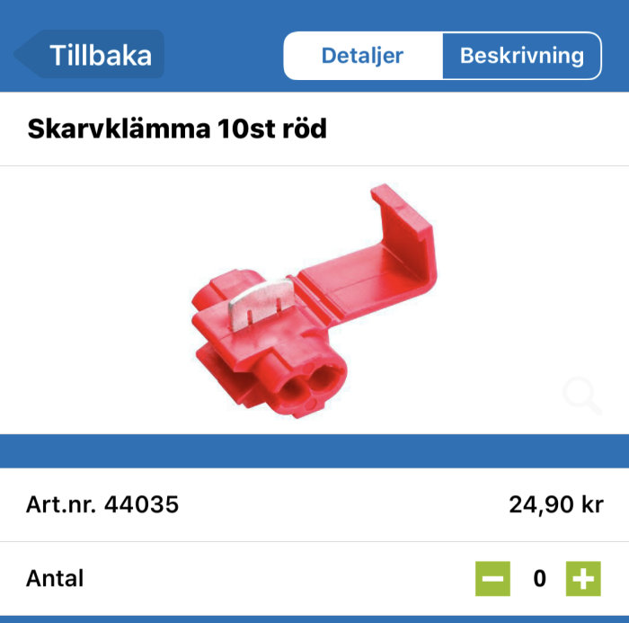 Röd skarvklämma för elinstallationer visas emot vit bakgrund, används för att koppla ihop kablar.