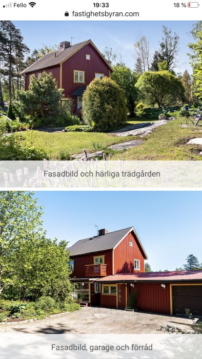 Rött hus med vita knutar omgivet av grönska, garage och förråd i tillbyggnad, lantligt läge.