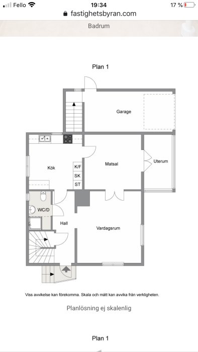 Skalenlig ritning av planlösningen för ett hus med angivna rum som kök, matplats, vardagsrum, och garage.