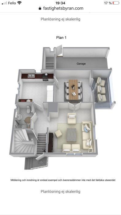 3D-skiss av första våningens planlösning i ett hus med möblerad interiör och integrerat garage.