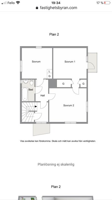 Ej skalenlig planritning för en husvåning med två sovrum, badrum, och trappa som en del av inlägget om hemrenovering.