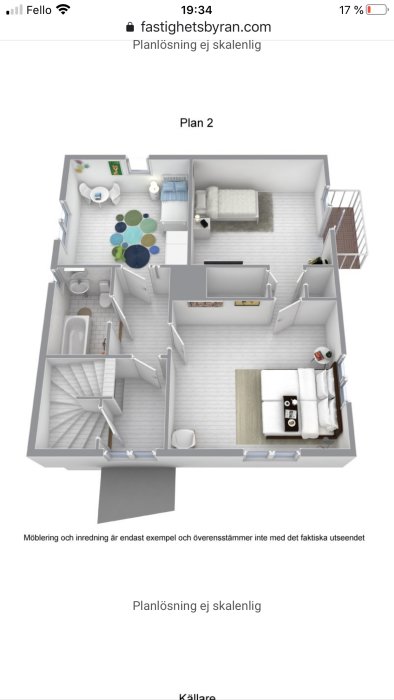 3D-modell av en andra vånings planlösning med möblerad inredning, ej skalenlig.