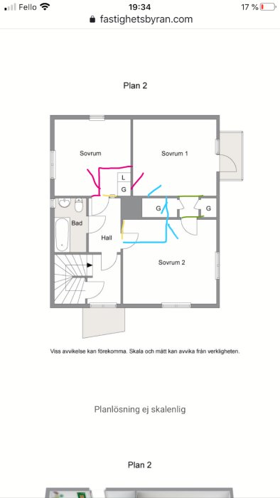 Översiktsbild av planlösning för andra våningen med markerade förslag för ombyggnad och garderobsutrymmen.