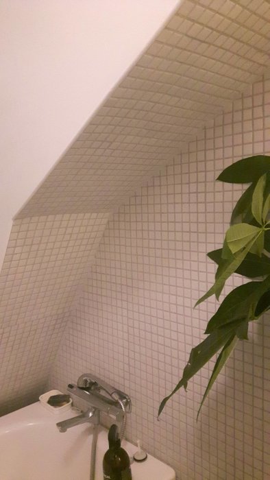 Mosaikkakel på ett snedtak över ett badkar med en duschblandare och växtdetalj.