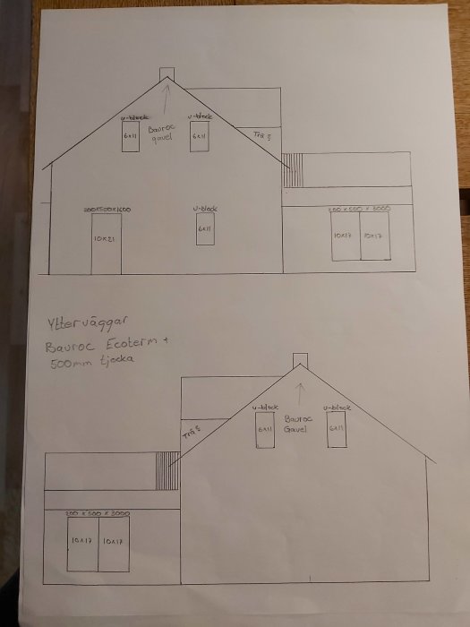 Handritad skiss av husfasad med markeringar för fönsterstorlekar och takhöjder.