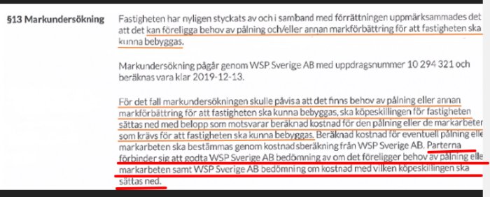 Skärmbild av ett dokument som beskriver markundersökning och kostnadsberäkning utförd av WSP Sverige AB.