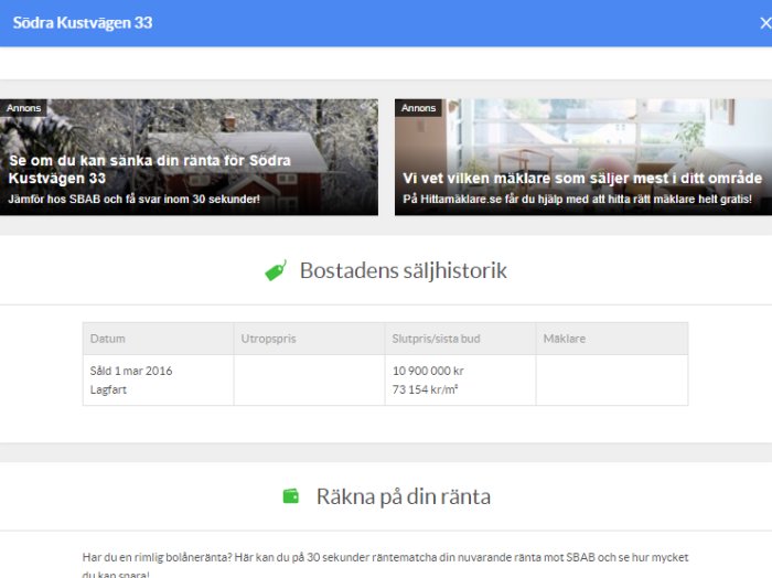 Skärmdump av försäljningshistoriken för en fastighet med utropspris och slutpris.