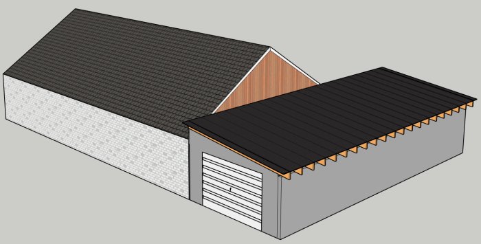 3D-modell av ett hus och ett garage i förening med tydlig skillnad på taktyper och fasadmaterial.