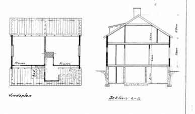 Arkitektritningar av en byggnad med planskiss och sektionsskiss.