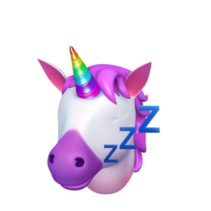 Emoji av en sovande enhörning med mångfärgat horn och Z-symboler för sömn.